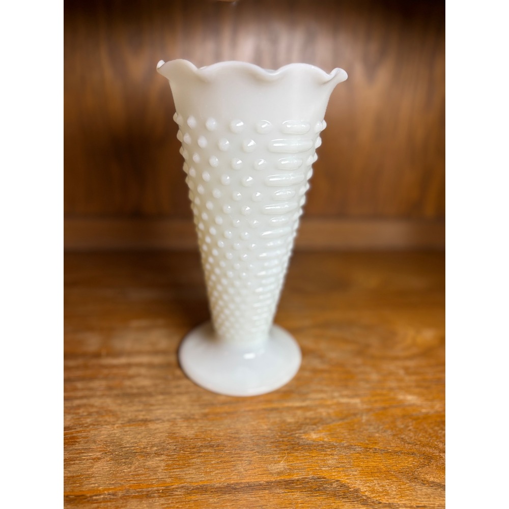 Vintage White Milk Glass Hobnail Vase Flared Ruffled Rim Pedestal Base 9.5 Inch